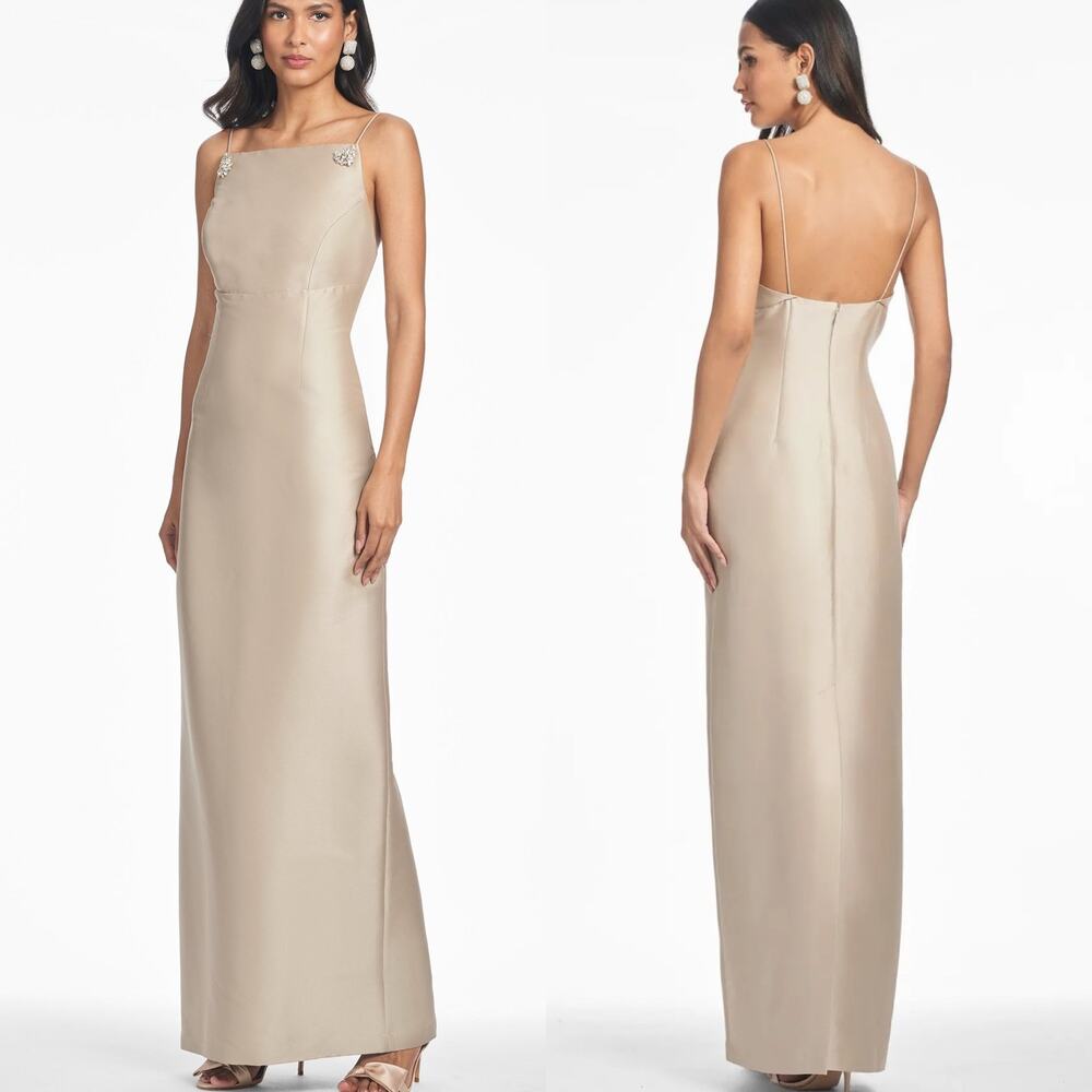 Sachin & Babi Pryce Crystal Strap Detail Vertical Stretch Mikado Column Gown